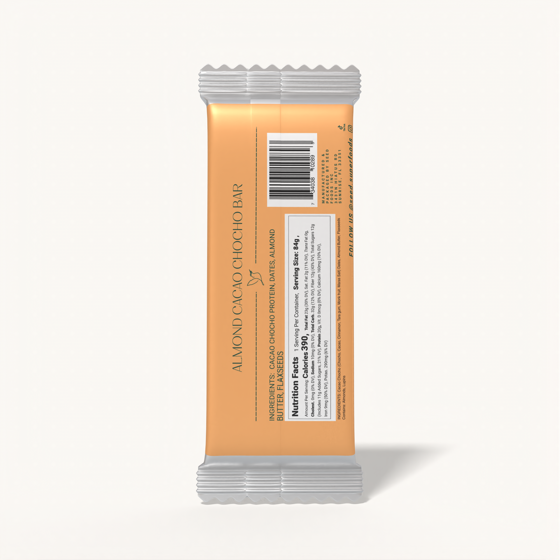 BARRA DE SUPERALIMENTO DE CACAO Y ALMENDRAS | SNACK SALUDABLE | BASE VEGETAL | 20 G DE PROTEÍNA