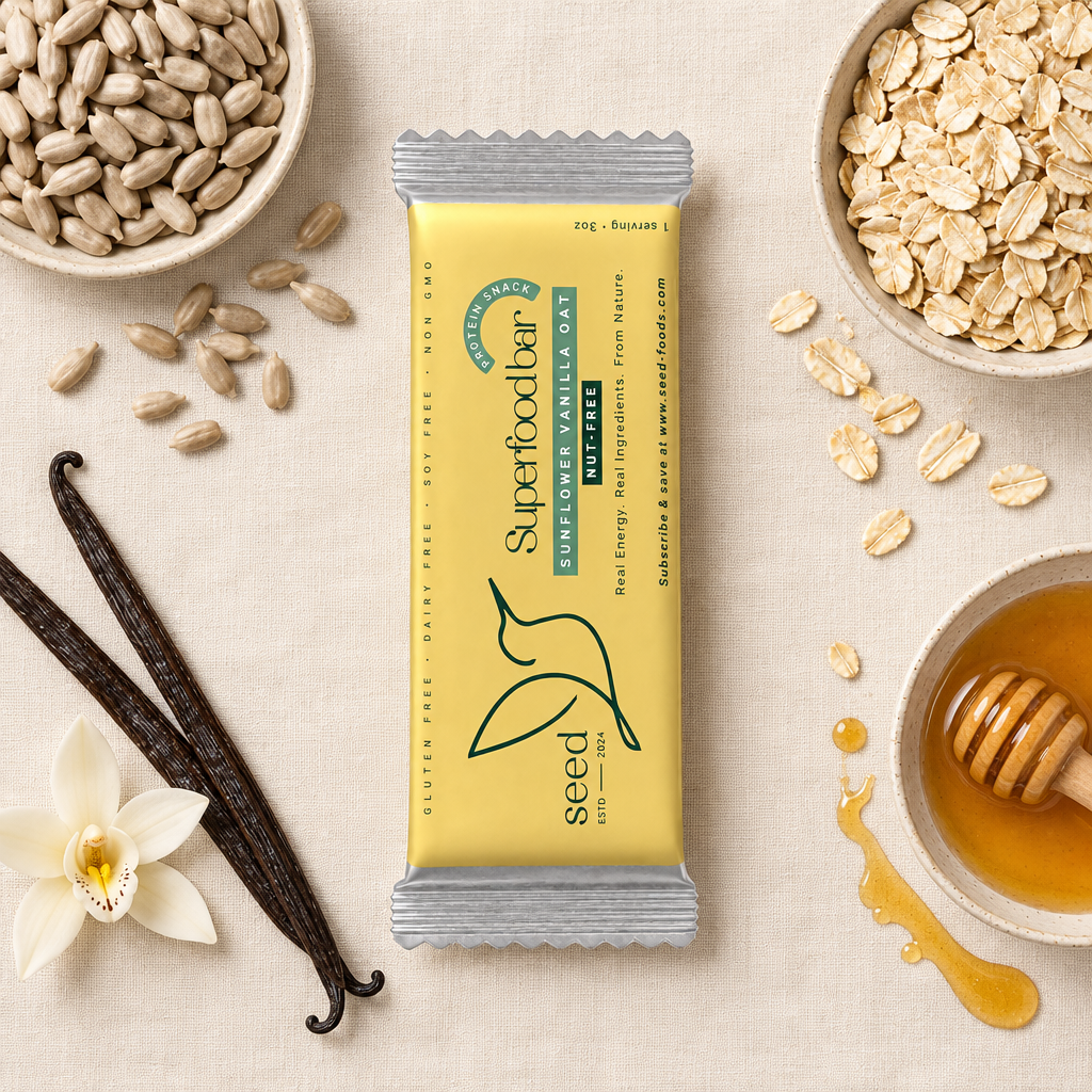 BARRA DE PROTEÍNA DE GIRASOL Y VAINILLA | SNACK SALUDABLE | BASE VEGETAL | 20 g DE PROTEÍNA | SIN FRUTOS SECOS