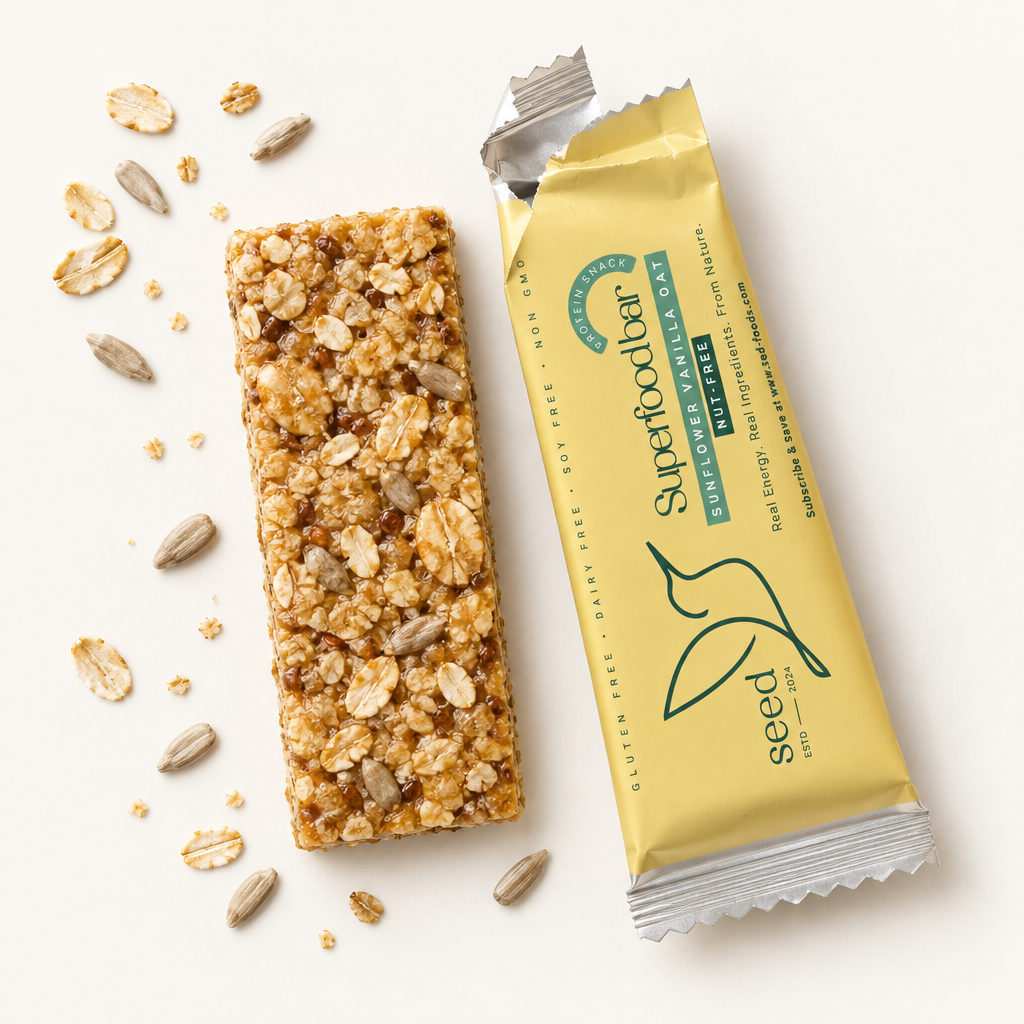 BARRA DE PROTEÍNA DE GIRASOL Y VAINILLA | SNACK SALUDABLE | BASE VEGETAL | 20 g DE PROTEÍNA | SIN FRUTOS SECOS